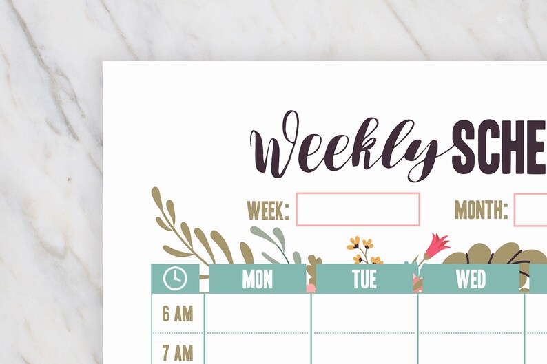 May include: A white weekly schedule with the words "Weekly Schedule" in dark purple script. The schedule includes boxes for the week and month, with days of the week in teal boxes. Floral illustrations in gold, pink, and green decorate the edges.