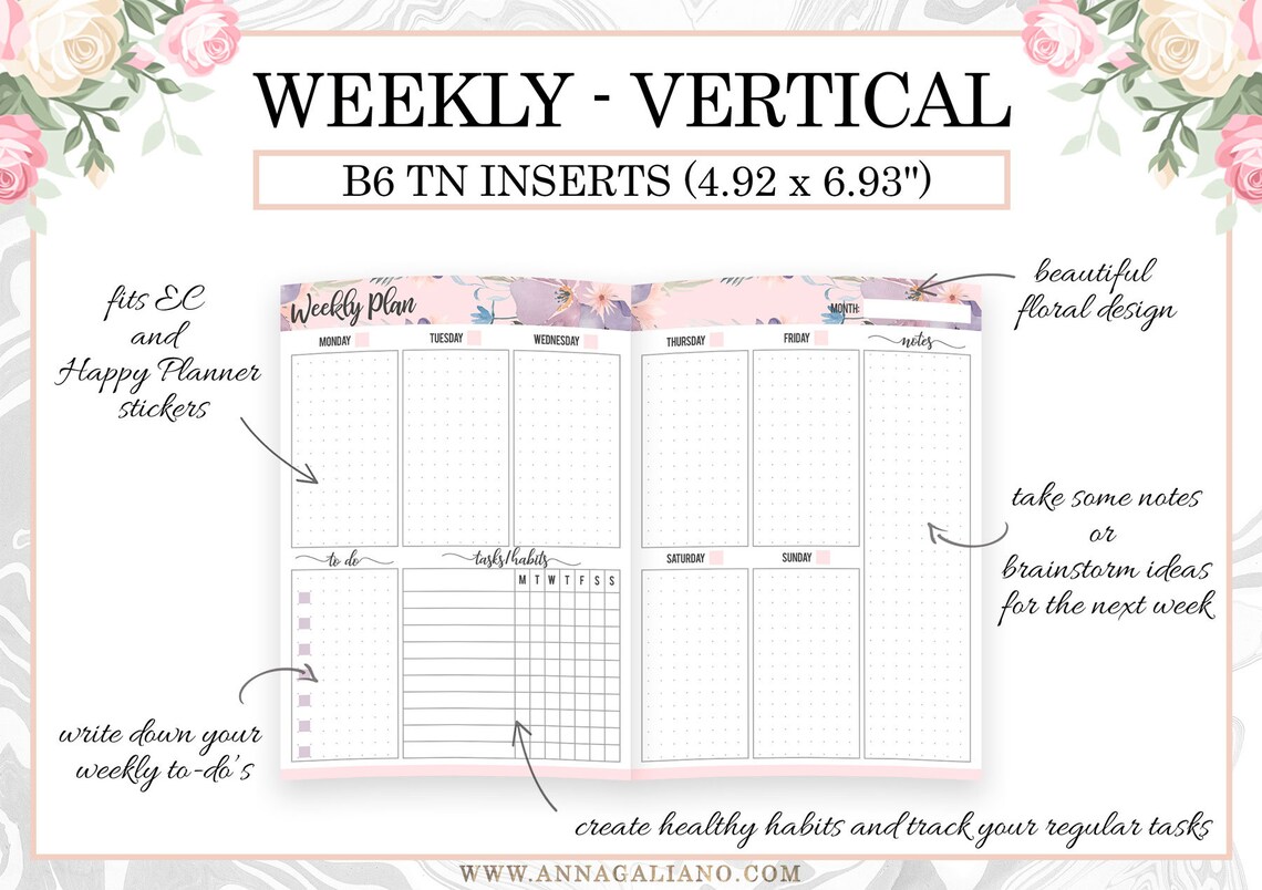Weekly B6 TN Inserts, Vertical Week on 2 Pages, Undated WO2P, Printable ...