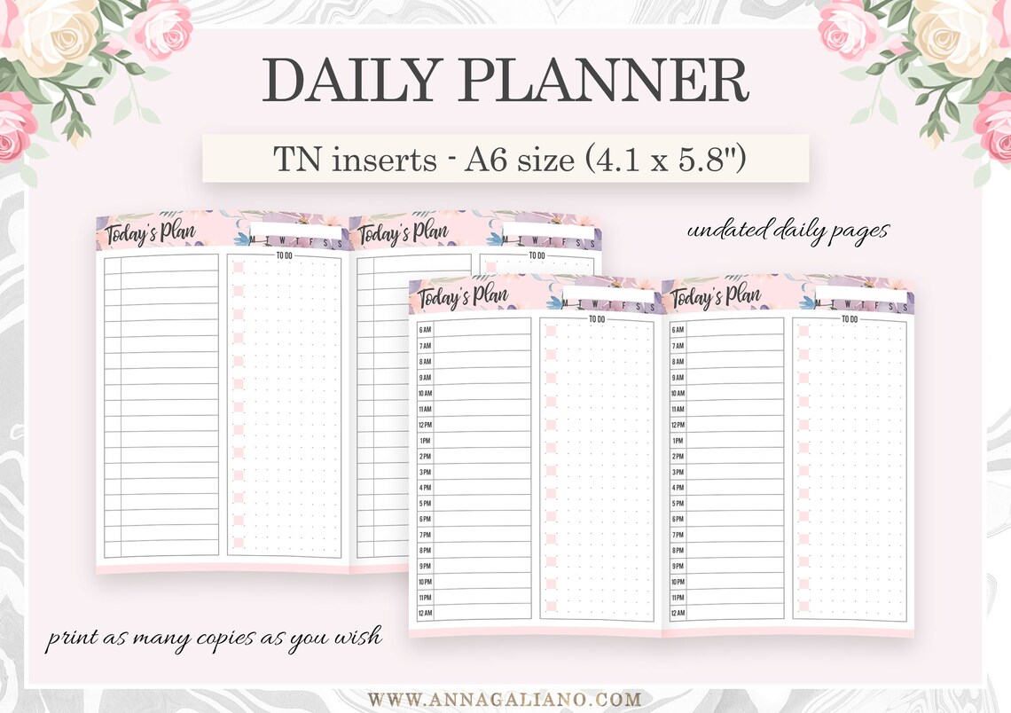 A6 Inserts Printable, Daily Planner, Undated A6 Inserts, Day on 1 Page ...