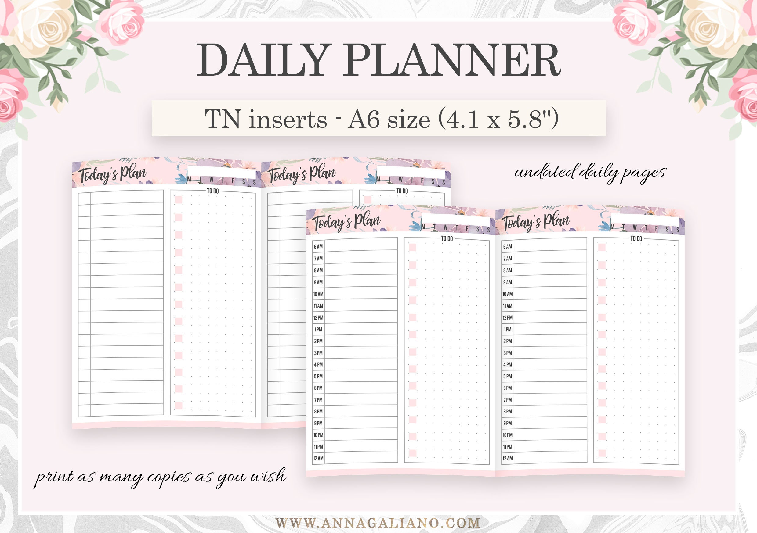 A6 Inserts Printable, Daily Planner, Undated A6 Inserts, Day on 1 Page ...