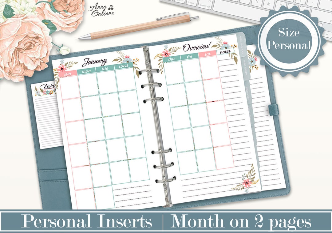 Month on Two Pages, Personal Planner Inserts, MO2P, Undated Monthly Planner, Planner Inserts ...