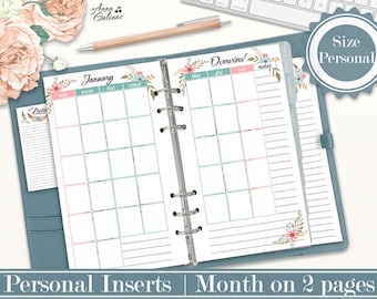 Month on two pages, Personal Planner Inserts, MO2P, Undated Monthly Planner, Planner Inserts Personal, Printable Calendar, Filofax Inserts