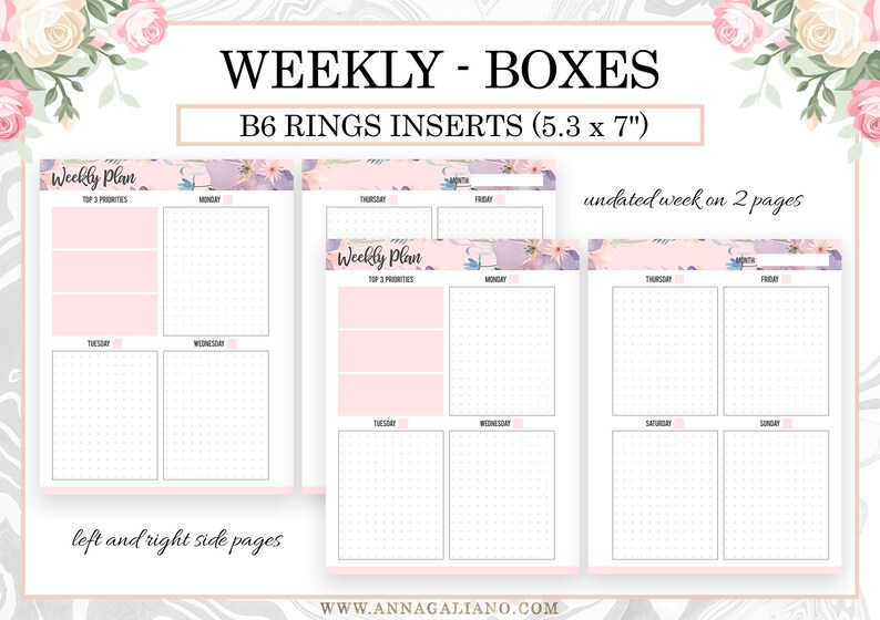 Weekly B6 Rings Inserts, Vertical Box Week on 2 Pages, Undated WO2P ...