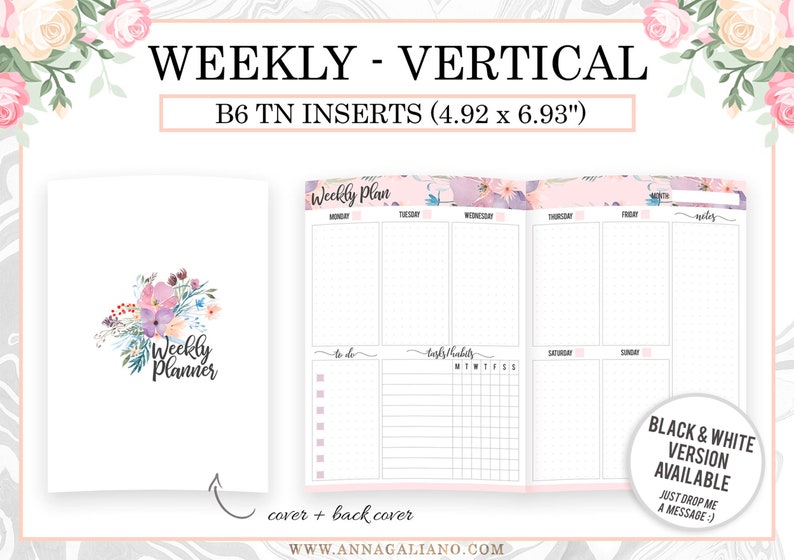 Weekly B6 TN Inserts, Vertical Week on 2 Pages, Undated WO2P, Printable ...