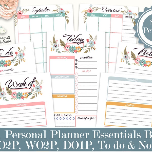 Personal Ring Planner, Essentials Bundle 5-in-1 Printable, Daily, Weekly inserts, Monthly planner Personal Planner Inserts Filofax Refills