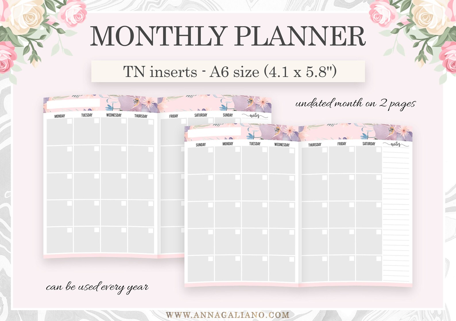 A6 Inserts TN Printable, Monthly Planner, Month on 2 Pages, Printable ...
