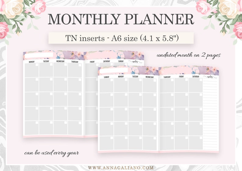 A6 Inserts TN Printable, Monthly Planner, Month on 2 Pages, Printable ...