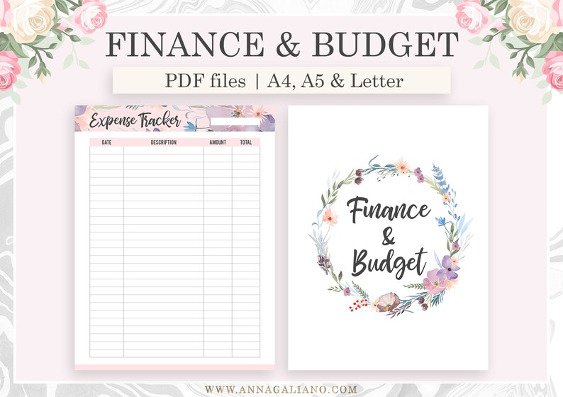 May include: Printable PDF finance and budget tracker with a floral design. The tracker includes columns for date, description, amount, and total. The cover page features a floral wreath with the text "Finance & Budget".