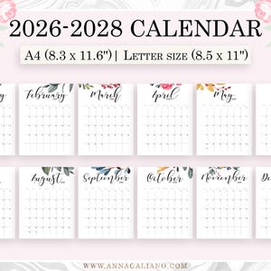 Wall Calendar Printable, 2026, 2027, 2028 Wall Calendar Printable, Watercolor Calendar, Botanical Calendar, Desk Calendar, A4, Letter image 2