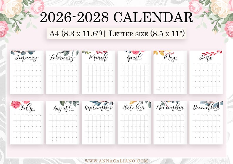 Wall Calendar Printable, 2026, 2027, 2028 Wall Calendar Printable, Watercolor Calendar, Botanical Calendar, Desk Calendar, A4, Letter image 2
