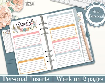 Personal Ring Planner Inserts, WO2P, Week on two pages, Undated Weekly Planner inserts Printable, Filofax Personal, Kikki K Medium