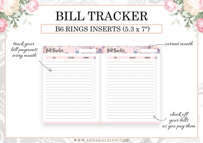 B6 Rings Inserts, Bill Tracker Printable, B6 Rings Budget, Bill ...