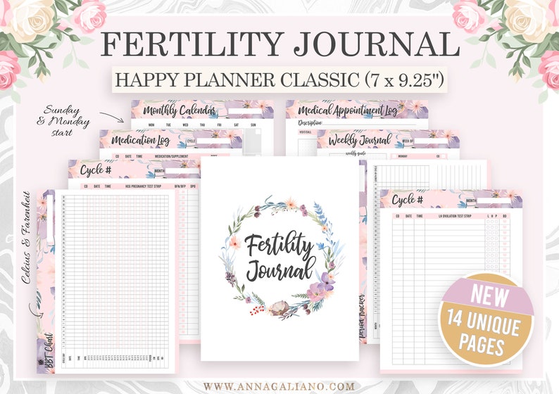 Op de afbeelding: Een Fertility Journal Happy Planner Classic (17.78 x 23.5 cm) met bloemmotieven. Het tijdschrift bevat pagina's voor maandkalenders, medicatielogboeken, medische afspraken en wekelijkse aantekeningen. De omslag toont de tekst "Fertility Journal" in een bloemenkrans.
