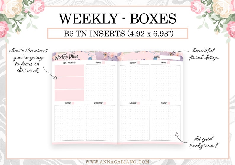 Weekly B6 TN Inserts, Vertical Box Week on 2 Pages, Undated WO2P ...