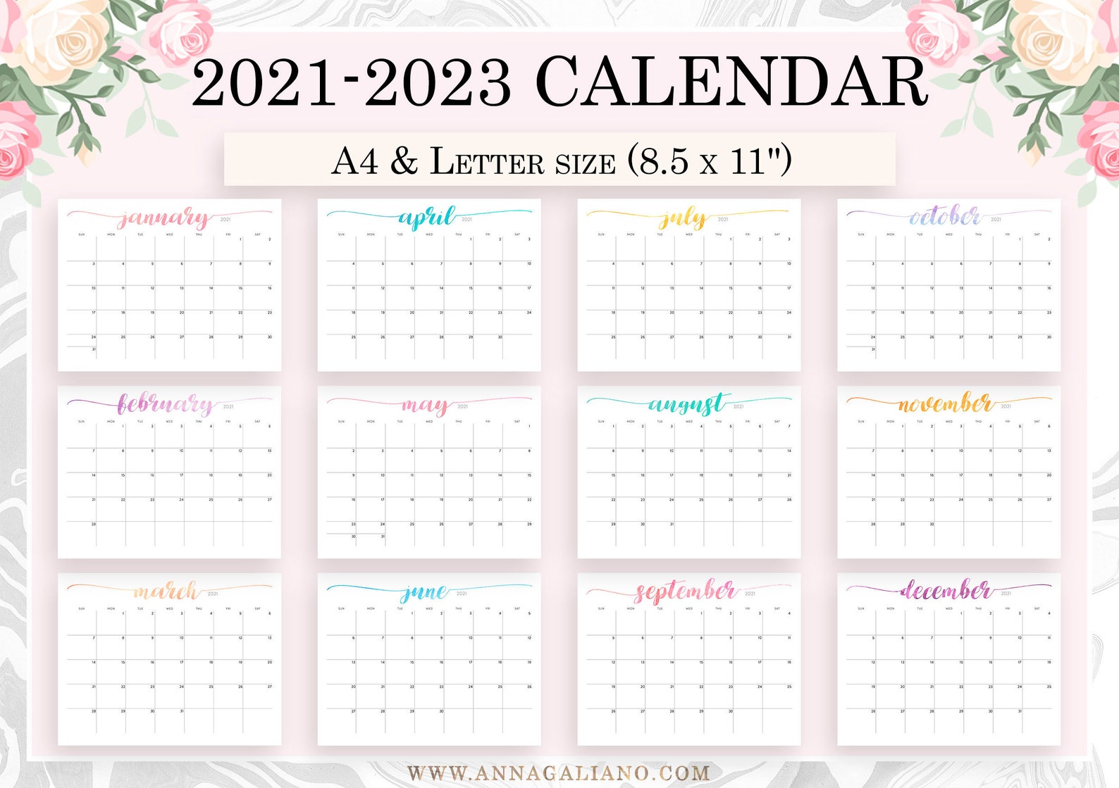 Wall Calendar Printable 2021 2022 2023 Printable Calendar Etsy