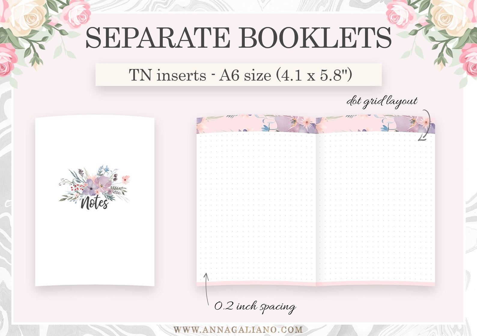 A6 Inserts TN, Printable Travelers Notebook Inserts, A6 Dot Grid ...