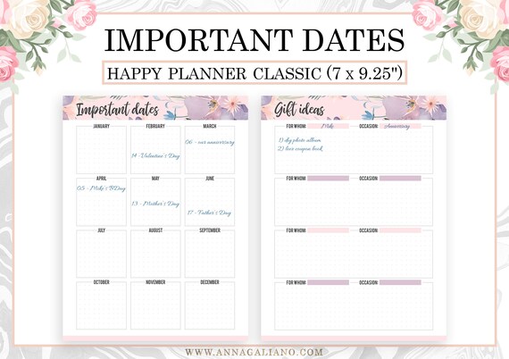 Happy Planner Inserts Printable, Important Dates Calendar, Gift list, Gift ideas, Birthday Calendar, Birthday Gift, Dot Grid, Mambi classic