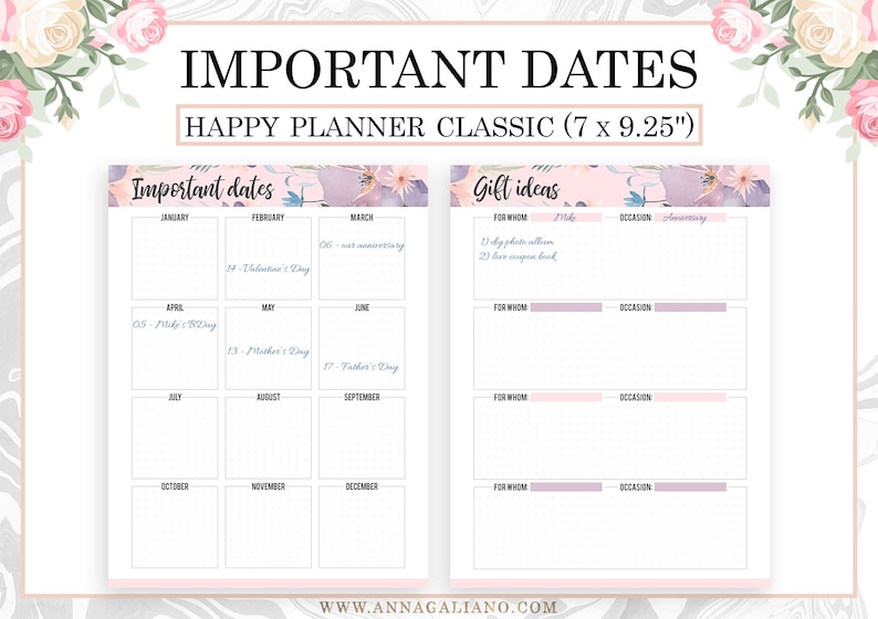 May include: A Happy Planner Classic (7 x 9.25 inches) with floral accents. The planner includes sections for important dates and gift ideas. The "Important Dates" section lists holidays like Valentine's Day and Mother's Day. The "Gift Ideas" section has space for notes.