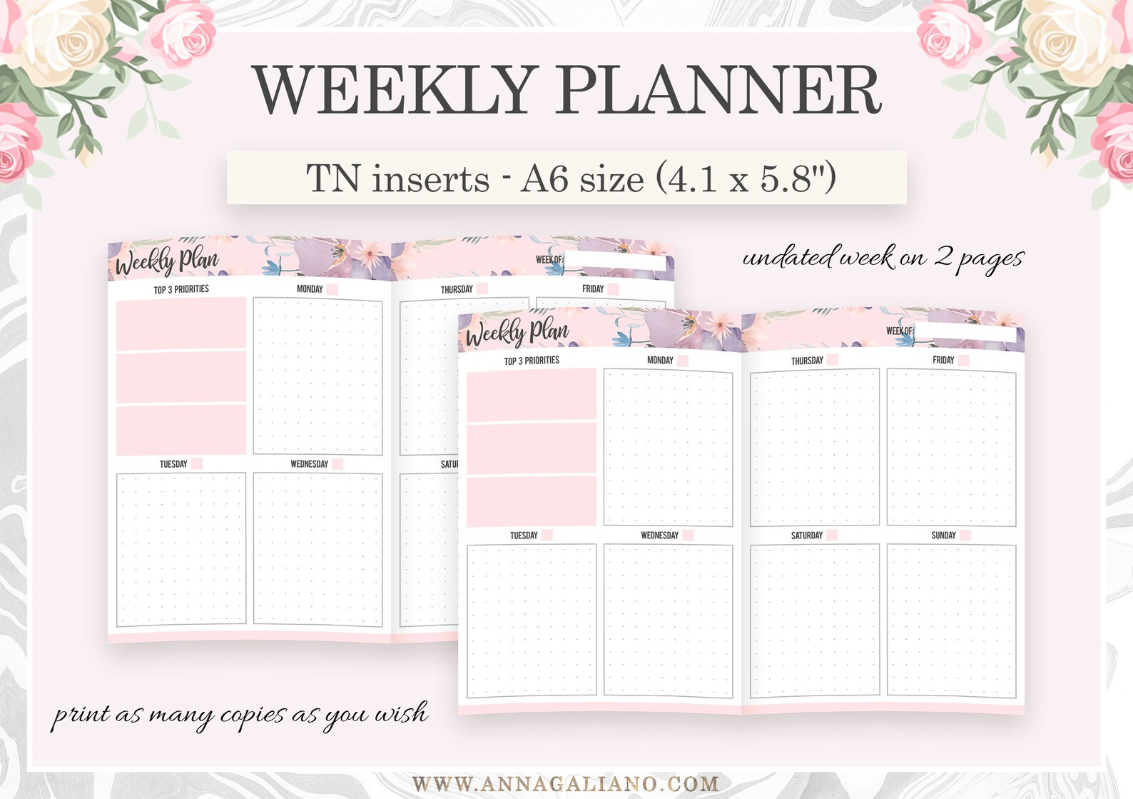Weekly A6 Inserts TN, Weekly Planner Printable, Vertical WO2P ...