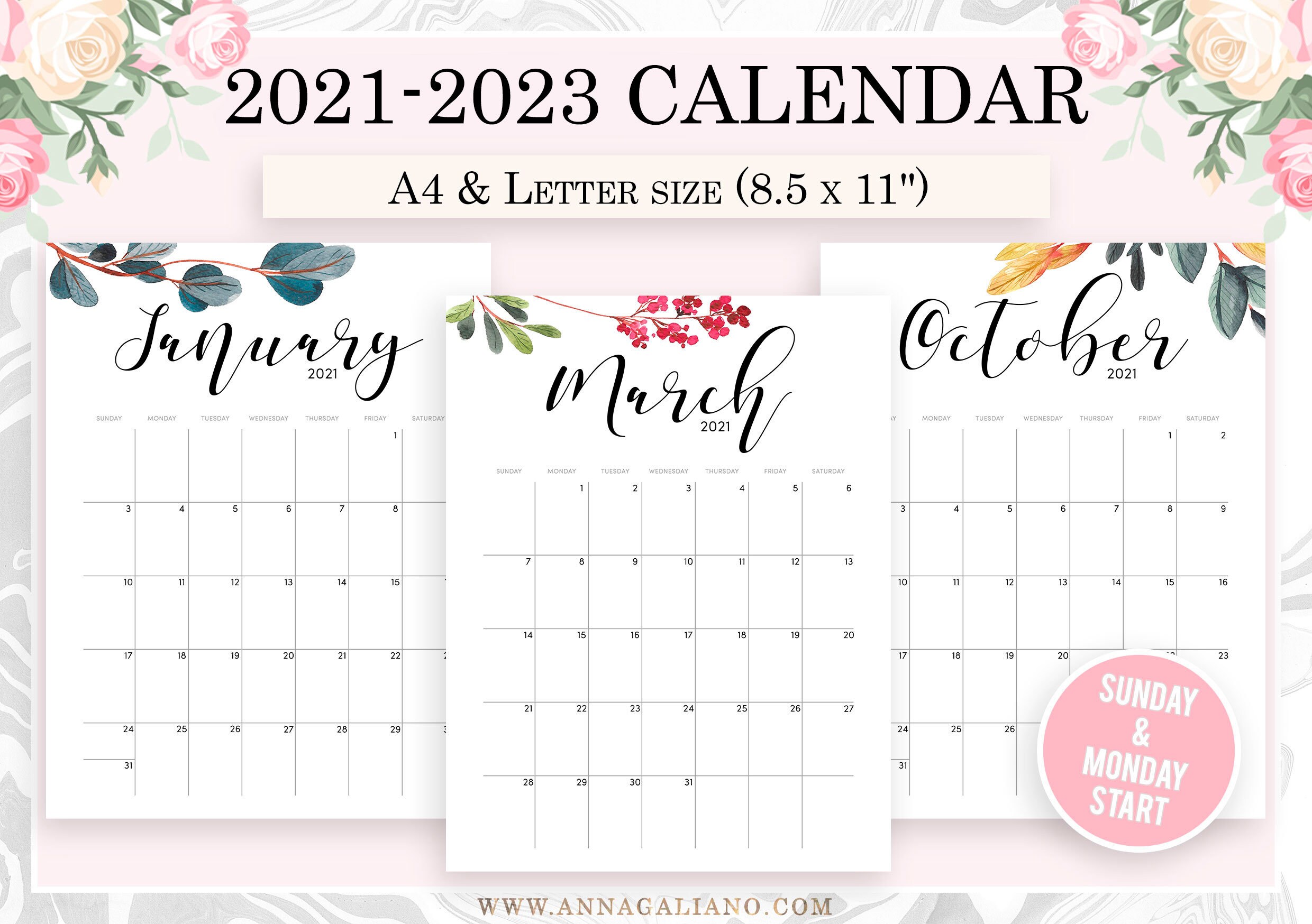 Wall Calendar Printable 2021 2022 2023 Wall Calendar Etsy