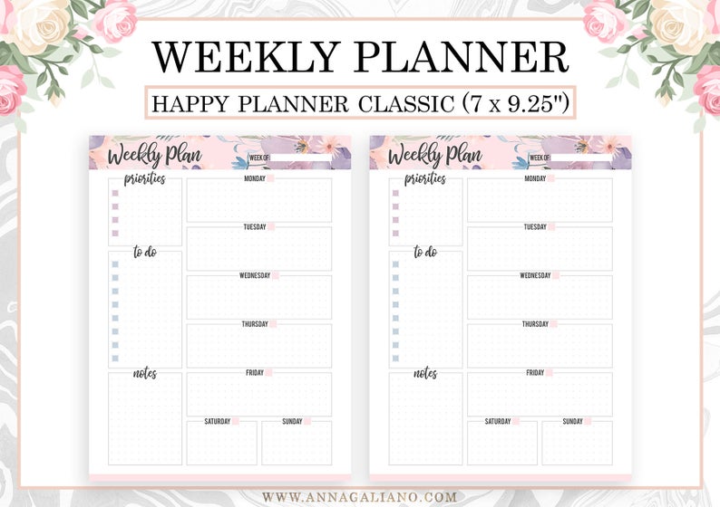 May include: A floral-themed weekly planner with the text "WEEKLY PLANNER" and "HAPPY PLANNER CLASSIC (7 x 9.25")". The planner has sections for priorities, to-do lists, and notes, with days of the week listed. The design includes floral accents.