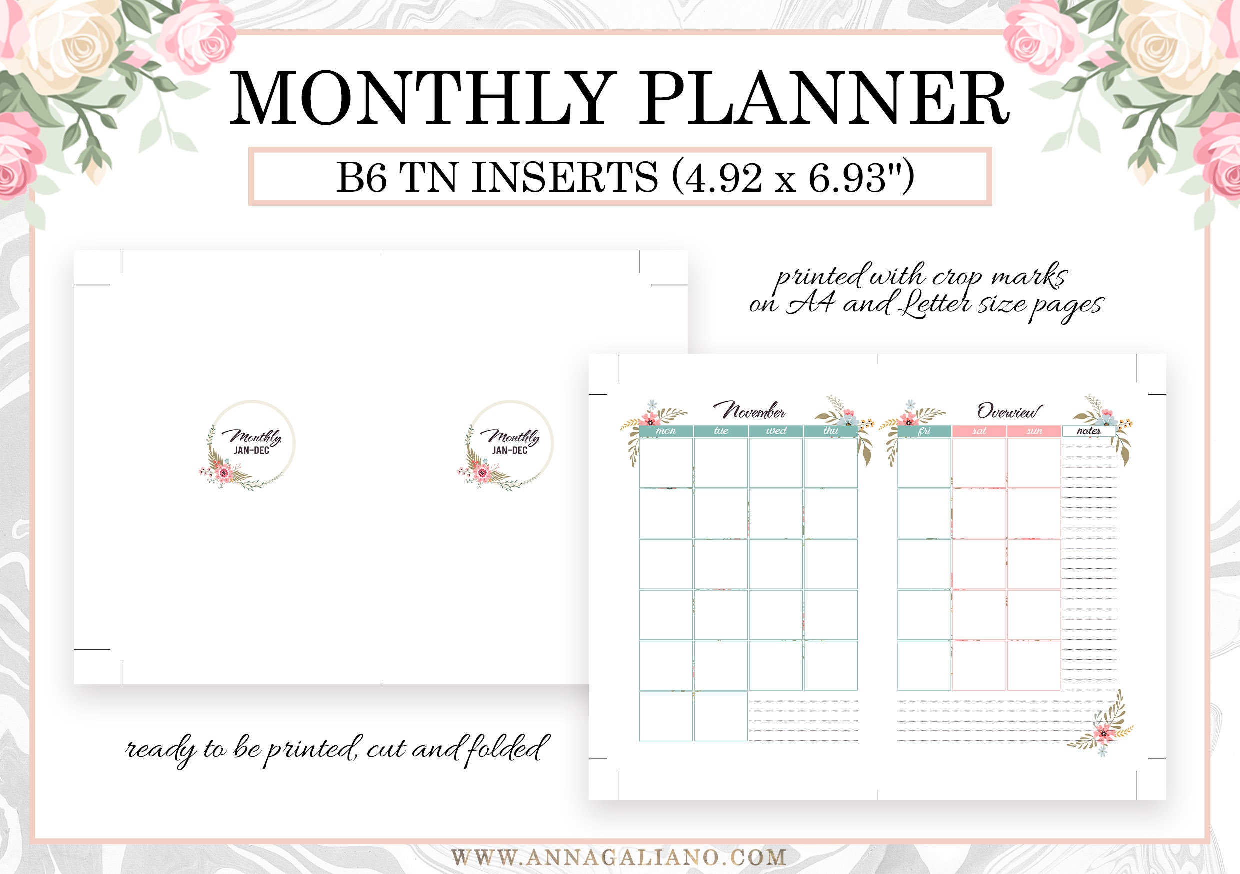 Monthly B6 TN Inserts Undated, Month on 2 Pages, Printable Travelers ...