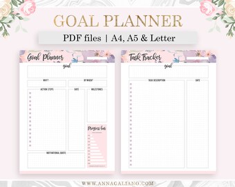 Planificador de objetivos imprimible, establecimiento de objetivos, rastreador de tareas, inserciones de objetivos, imprimibles Bujo, inserciones de planificador imprimibles, Filofax A5, A4, carta, PDF