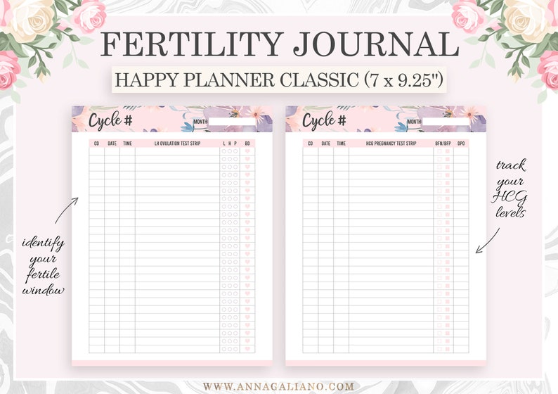 Op de afbeelding: Een roze en wit Fertility Journal, Happy Planner Classic formaat (17,78 x 23,5 cm), met bloemaccenten. Het journaal bevat secties om cyclusinformatie, LH ovulatietests en HCG zwangerschapstests bij te houden. Tekst bevat "identificeer uw vruchtbare periode" en "volg uw HCG-niveaus."