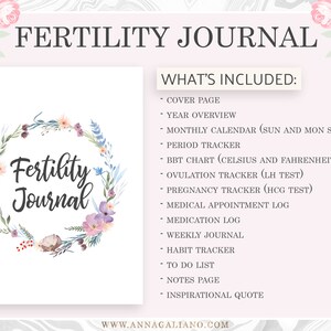 Op de afbeelding: Een vruchtbaarheidsdagboek met de titel "Fertility Journal" in elegant schrift, omringd door een bloemenkrans. Het dagboek bevat secties voor het volgen van menstruatie, ovulatie en zwangerschap, met een lijst van inbegrepen functies.