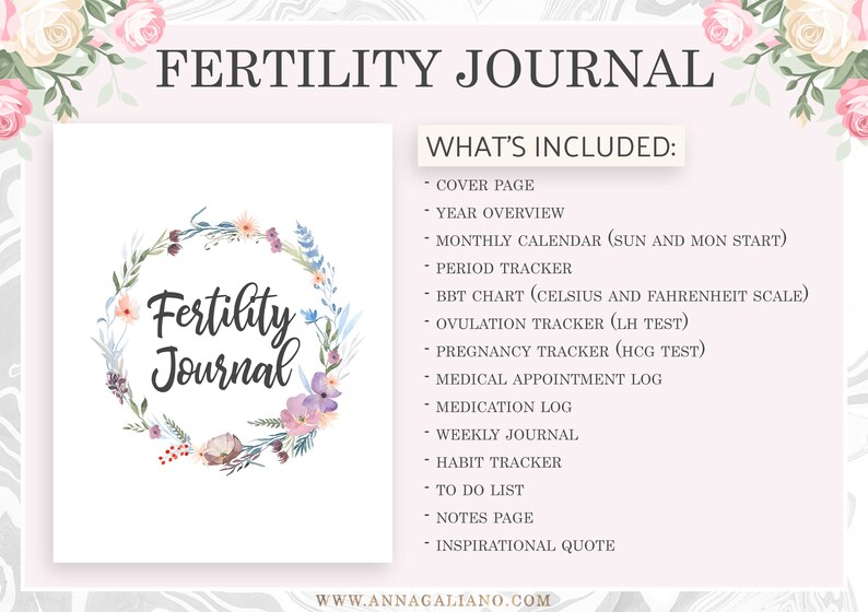 Op de afbeelding: Een vruchtbaarheidsdagboek met de titel "Fertility Journal" in elegant schrift, omringd door een bloemenkrans. Het dagboek bevat secties voor het volgen van menstruatie, ovulatie en zwangerschap, met een lijst van inbegrepen functies.