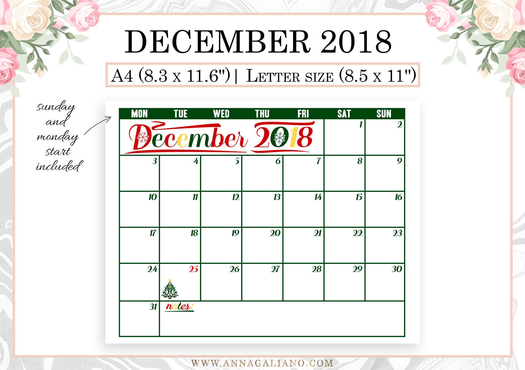 Calendar December 2018 Usa