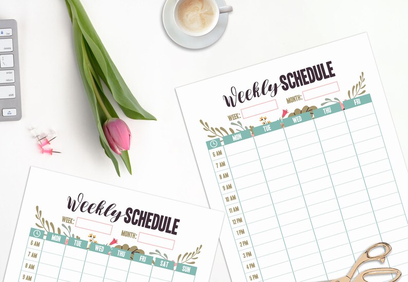 May include: Two "Weekly Schedule" printable sheets with floral accents and a teal and pink color scheme. A pink tulip and green leaves are on the left. A cup of coffee, a keyboard, and scissors are also visible.