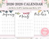 Wall Calendar Printable, 2026, 2027, 2028 Wall Calendar Printable, Watercolor Calendar, Botanical Calendar, Desk Calendar, A4, Letter