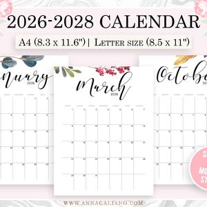 Wall Calendar Printable, 2026, 2027, 2028 Wall Calendar Printable, Watercolor Calendar, Botanical Calendar, Desk Calendar, A4, Letter image 1