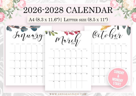 Wall Calendar Printable, 2026, 2027, 2028 Wall Calendar Printable, Watercolor Calendar, Botanical Calendar, Desk Calendar, A4, Letter
