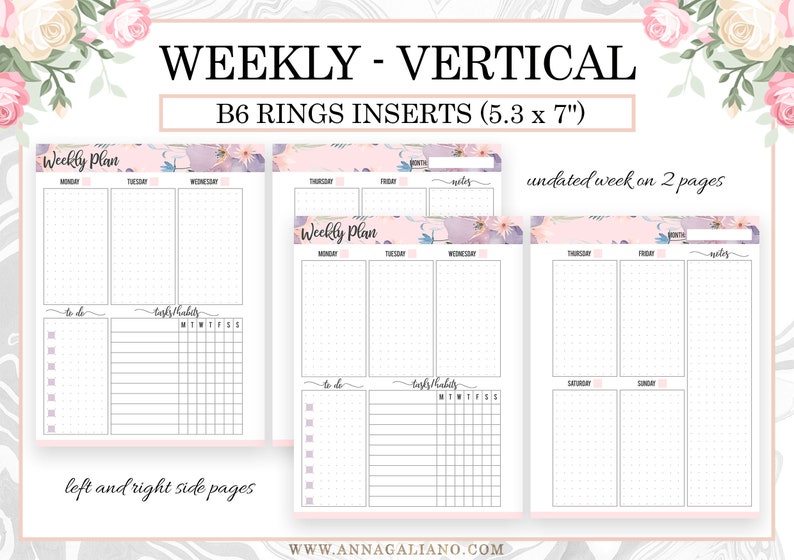 Weekly B6 RINGS Inserts, Vertical Week on 2 Pages, Undated WO2P ...