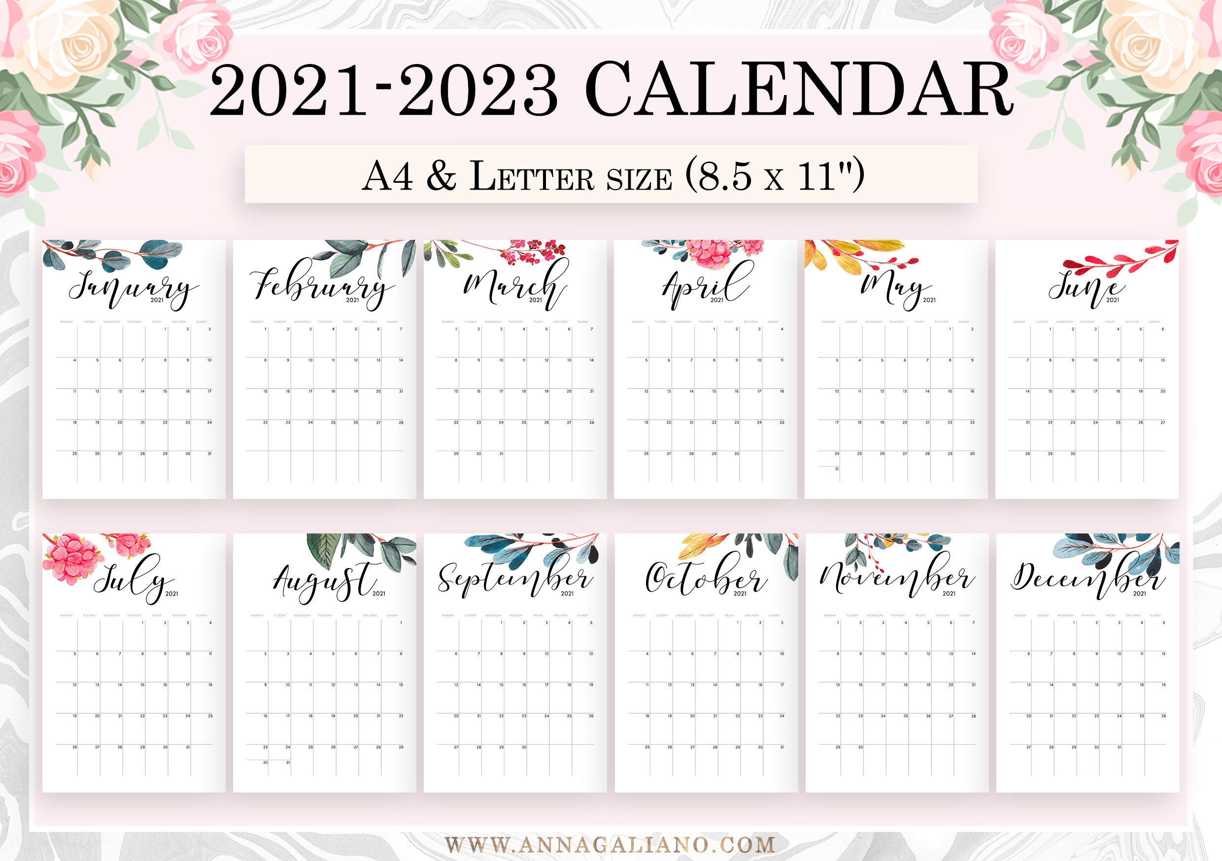 Wall Calendar Printable 2021 2022 2023 Printable Calendar Etsy - Gambaran