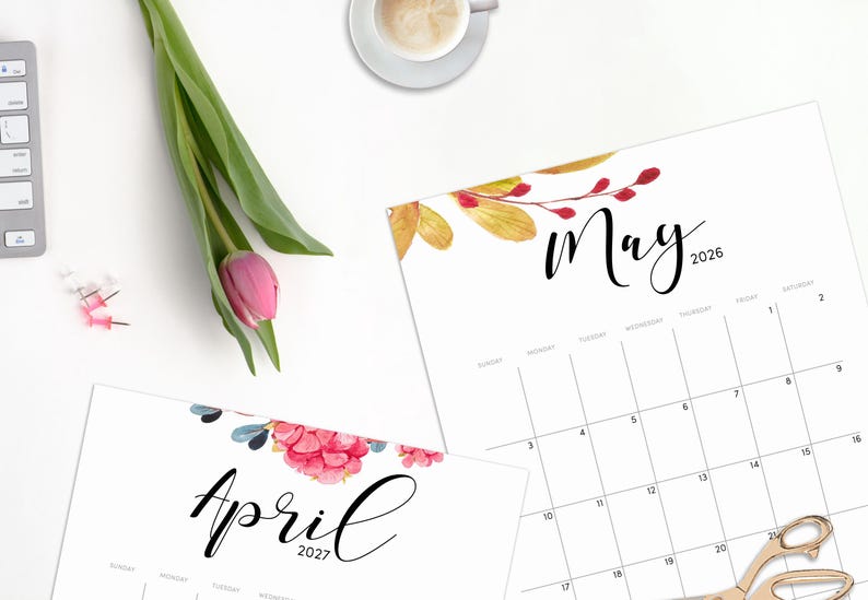 Wall Calendar Printable, 2026, 2027, 2028 Wall Calendar Printable, Watercolor Calendar, Botanical Calendar, Desk Calendar, A4, Letter image 3