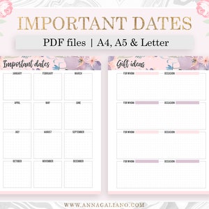 Planner Inserts Printable Important Dates Calendar Birthday - Etsy
