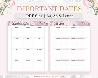 Planner Inserts Printable, Important Dates Calendar, Birthday Calendar, Bullet Journal, Birthday Gift idea, Filofax A5, A4, Letter, Template