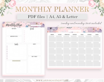 Monthly Planner Printable, Monthly Inserts, Undated Calendar, Monthly Overview, A5 Planner Inserts Printable, Filofax A5, A4, Letter