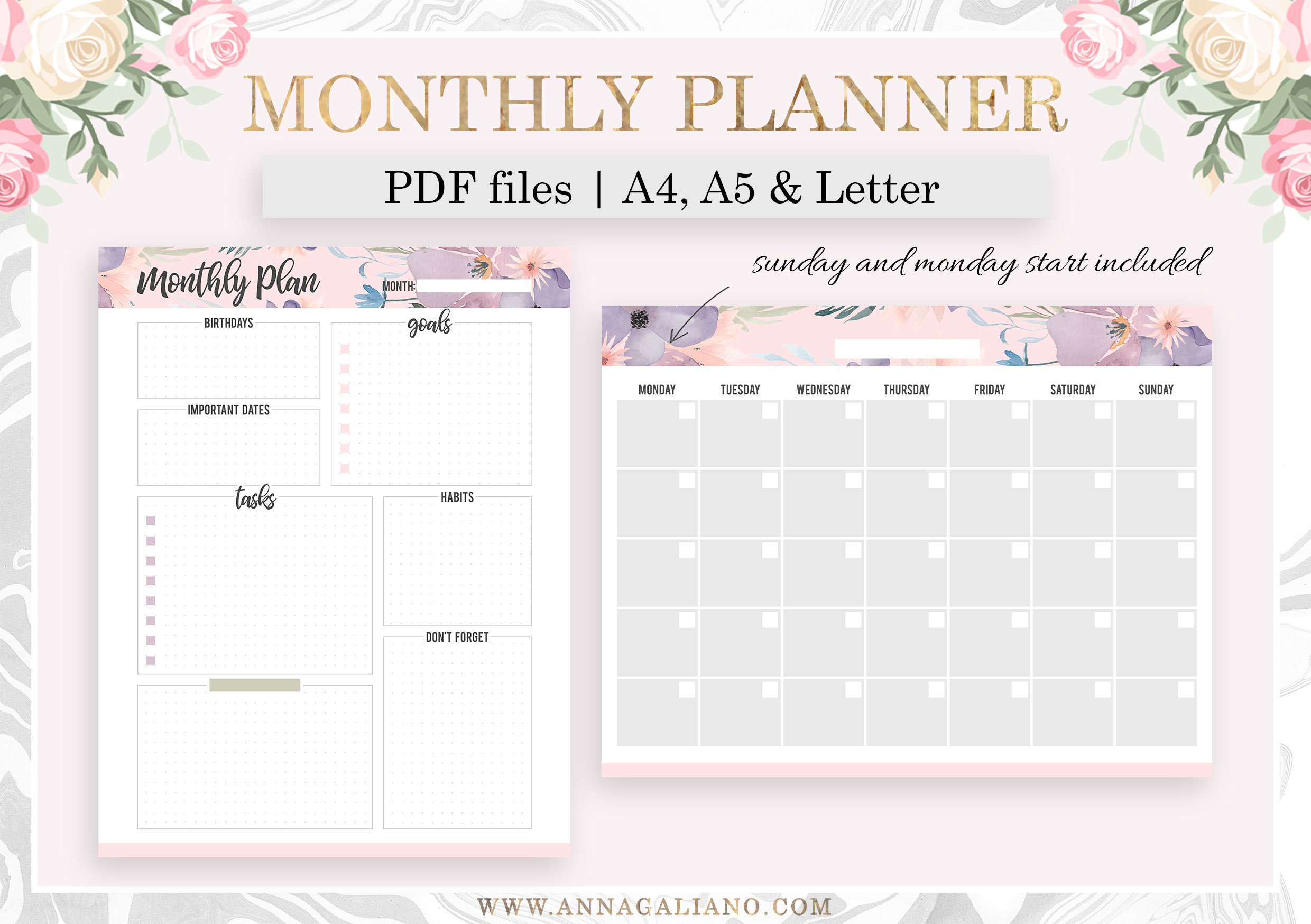 Monthly Planner Printable, Monthly Inserts, Undated Calendar, Monthly ...