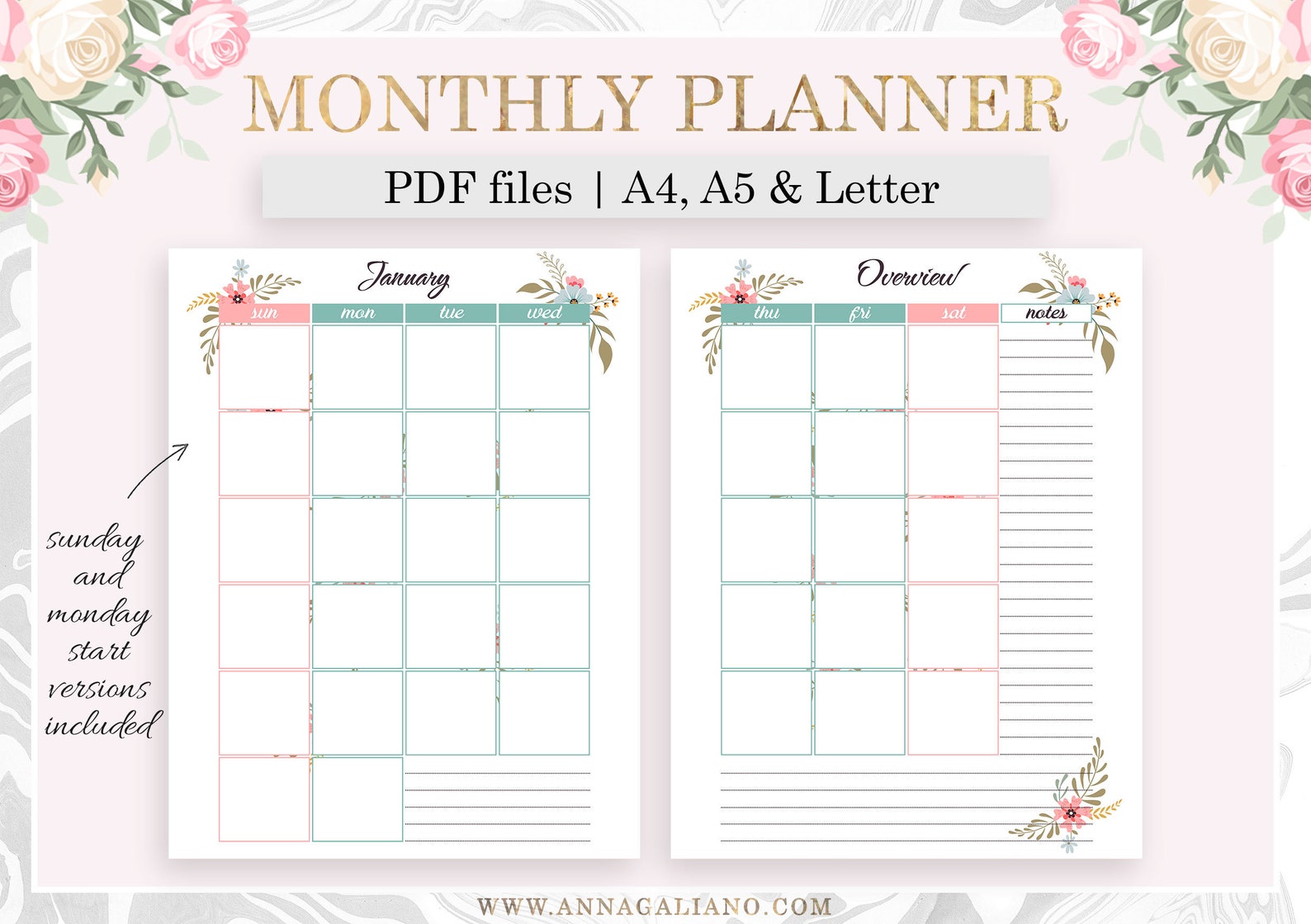 Monthly Planner Printable Month on two Pages A5 Planner | Etsy