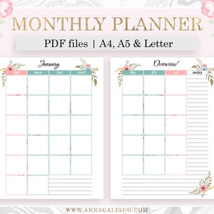 Monthly Planner Printable Month on two Pages A5 Planner | Etsy