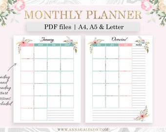 Monthly Planner Printable, Month on two Pages, A5 Planner Inserts, MO2P, Undated Calendar, Printable Planner Inserts, Filofax A5, A4, Letter