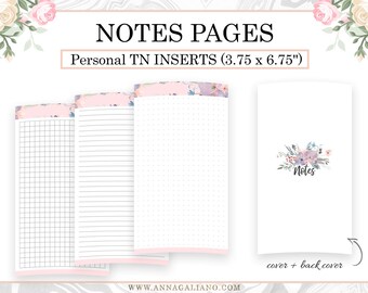May include: White TN insert pages with grid, lined, and dotted patterns. The pages are 3.75 x 6.75 inches. The cover features a floral design and the word "Notes".