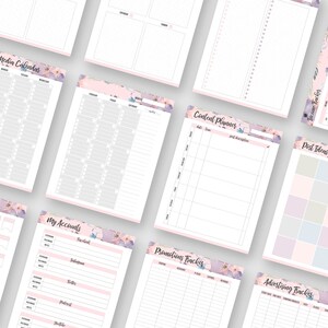 May include: A set of printable planner pages with floral designs. The pages include sections for social media calendar, content planner, post ideas, my accounts, promotions tracker, and advertising tracker.