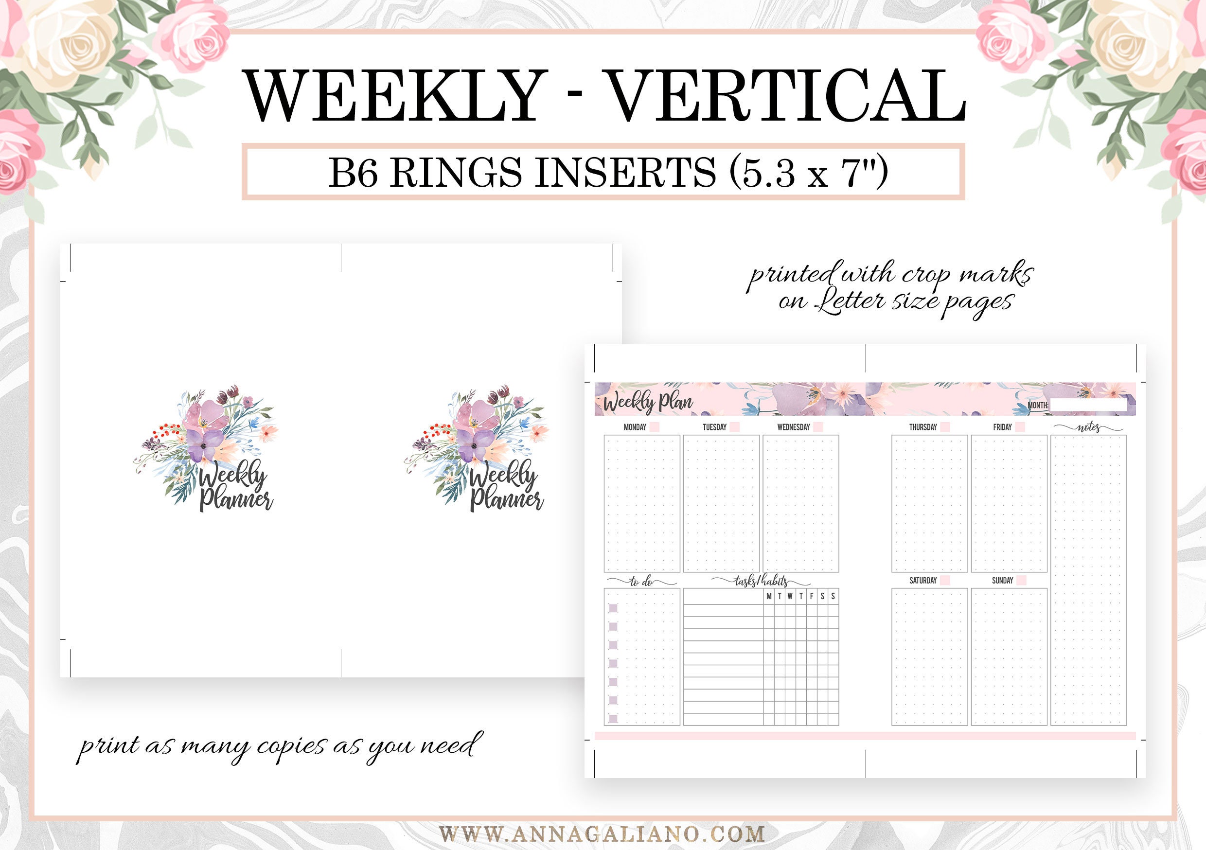 Weekly B6 RINGS Inserts, Vertical Week on 2 Pages, Undated WO2P ...