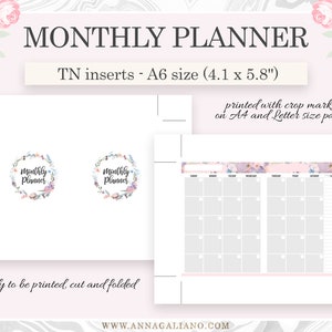A6 Inserts TN Printable, Monthly Planner, Month on 2 Pages, Printable ...