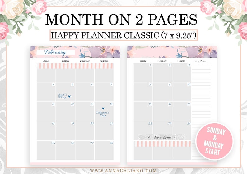 Monthly Planner, Happy Planner Inserts Printable, Month on Two Pages
